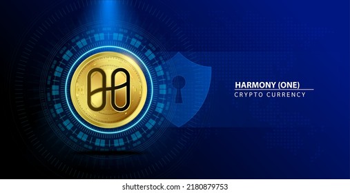 Moneda de oro de armonía (ONE). Cryptocurrency blockchain. Futuro concepto de tecnología digital de reemplazo de divisas (cripto currency). Sobre fondo azul. Ilustración vectorial 3D.