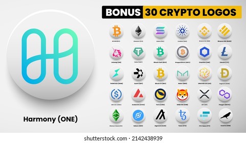 Harmony ONE crypto logo symbols of cryptocurrency. Set of Bitcoin, Ethereum, Solana, Binance Coin, Binance USD, litecoin,avalanche, chainlink, maker, dogecoin, USD Coin, Shiba Inu, Polygon, and Helium