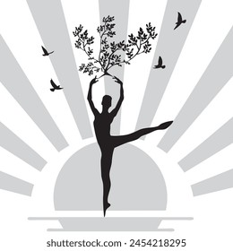 Harmony oriented vector illustration with ballerina and rising sun