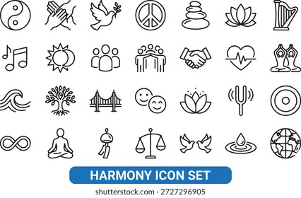 Conjunto de ícones da Linha Harmonia e Paz para o Bem-estar e a Unidade. Ilustração vetorial