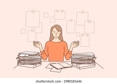 Harmony, peace, successful time management concept. Young business woman cartoon character sitting meditating and feeling confident about making many business duties and tasks vector illustration 