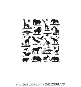 Harmony in the shadows: A mesmerizing collection of animals silhouette, showcasing wildlife diversity - wildlife Silhouette - animals vector
