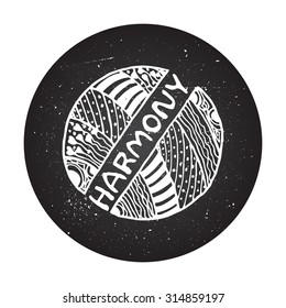Harmony sign on chalkboard background. Detailed hand drawn zentangle logo for ethnic shop, yoga studio, travel agency and other heartful businesses. 