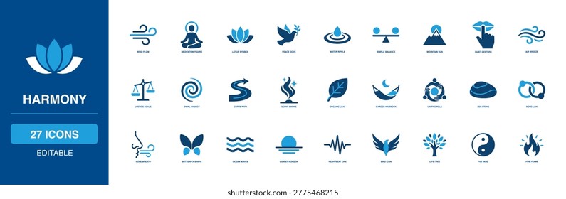 Harmony solid icon set with meditation figure, lotus flower, peace dove, and yin yang; serene artwork collection for zen balance, mountain sun, life tree, and nature breeze wellness.