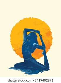 Harmony of soul and body: graceful illustration of a yogi girl, shrouded in blue tones on a beige background, decorated with a bright element. This illustration is ideal for relaxation and meditation