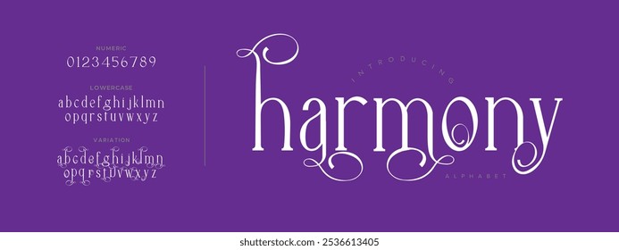 Harmony typography beauty fashion elegant minimalist serif italic fonts decorative wedding vintage retro logos. Minimal luxury font alphabet logo. Vector illustration
