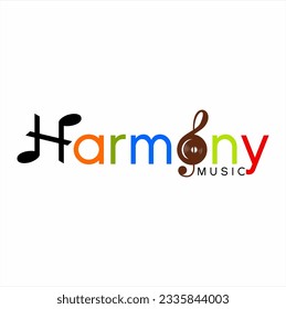 " Harmony " word design with illustration of musical note on letter H and treble clef on letter O.