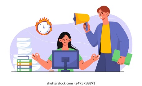 Harmony at work. Woman sits at laptop and ignores boss criticism. Meditation in office. Mental health and inner peace. Relaxation at workplace. Flat vector illustration isolated on white background