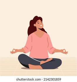 Harmony, Yoga Meditation in Hall Concept. Woman Meditating in Lotus Pose. Peaceful Female Character Enjoying Relaxation for Emotional Balance, Positive Life and Mood. Cartoon Vector Illustration