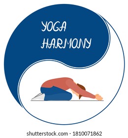 Harmonie im Yoga. Rundemblem auf Weiß und Blau. Yin-Yang-Balancesymbol. Der Mann macht die Übung. Logo für Sportdesign. Vektorgrafik im flachen Stil.
