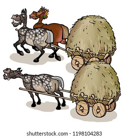 harness with a hay cart, cartoon illustration