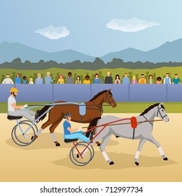 Harness racing flat composition with jockeys and horses, spectators behind fence on natural landscape background vector illustration 