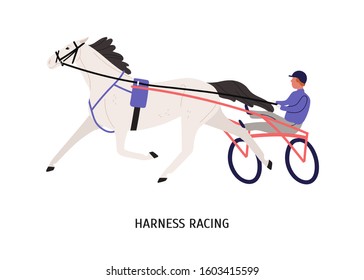 Harness racing flat vector illustration. Male chariot driver cartoon character. Equestrian sport contest, horseback riding competition concept. Harnessed hoss isolated on white background.