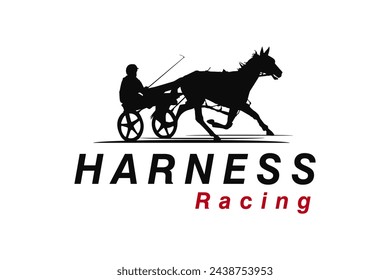 harness racing horse and chariot, with flat road background, logo, illustration