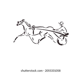 Harness racing icon design, trotter horse outline drawing, cart with horse and jockey