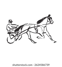 Harness racing  line art illustration, trotter horse in sulky, side view