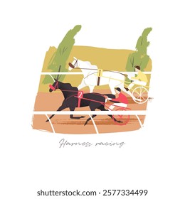 Harness racing vector illustration, two horses competing on a race track