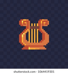 Harp ancient musical instrument pixel art icon antique culture symbol Greece isolated vector illustration. Design logo, mobile app, sticker, embroidery. Game assets 8-bit sprite. 