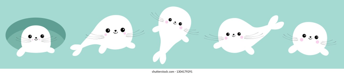 Harp baby seal pup set line. Cute cartoon character. Ice-hole. Happy baby animal collection. Blue background. Isolated.Flat design. Vector illustration