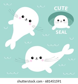 Harp baby seal pup set. Cute cartoon character. Ice-hole. Happy baby animal collection. Swimming floating on water with wave. Blue background. Flat design Vector illustration