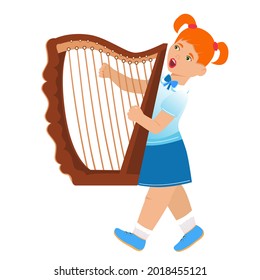 Harp. The character plays the harp. Vector. Cartoon style. Learning to play a musical instrument. School and education concept.