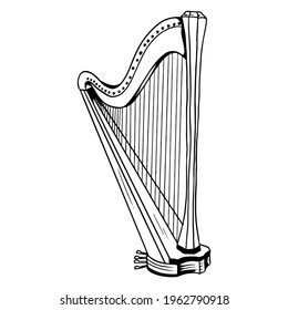 Harp. Música clásica. Instrumento musical. Estilo de caricatura. Ilustración vectorial para diseño y decoración.