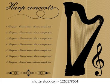 Harp concerts program template with black harp silhouette, sample text, calligraphic ornament and treble clef on gold background with abstract curves