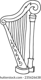 Harp doodle. Classic music instrument line icon