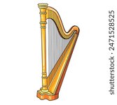 The harp features a curved neck, a wide soundboard, and numerous strings stretched between the neck and the soundboard. At the top of the harp’s pillar, there is a decorative element. 