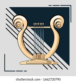 Harp flat icon and strings instrument, closeup, vector graphics, a colorful solid pattern on a stripes and  white background, eps 10.