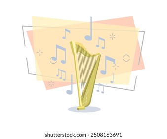 Harp flat illustration. Ireland music, folklore, symphony orchestra. Musical instruments concept. Vector can be used for topics like ethnic music, traditional culture, art