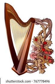 Harp with flowers isolated on white background. 10 EPS