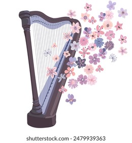 harp and flowers, vector drawing musical instrument isolated at white background, hand drawn illustration