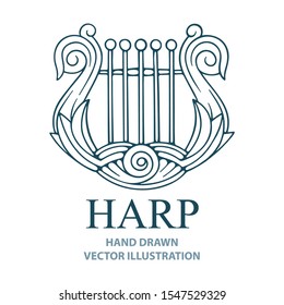 Harp. Harp hand drawn musical instrument vector illustration. Harp symbol sketch drawing. Part of set.