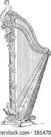 Harp with hooks executed by Vorderman Pere, in 1780, for the queen Marie-Antoinette, From the Dictionary of Word and Things, 1888.