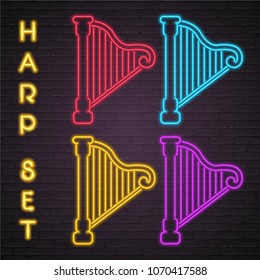 Harp Icon Different Colour Set Live Music Neon Light Glowing Vector Illustration with Dark Background