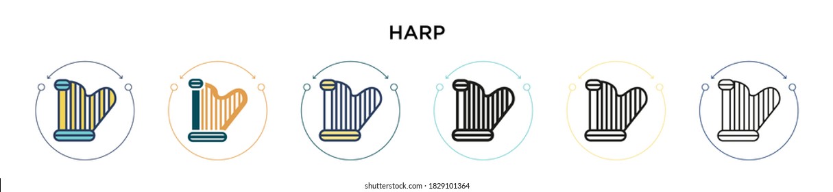 Harp icon in filled, thin line, outline and stroke style. Vector illustration of two colored and black harp vector icons designs can be used for mobile, ui, web