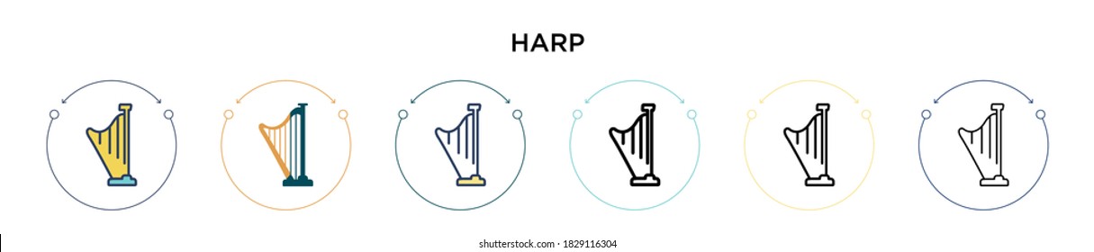 Harp icon in filled, thin line, outline and stroke style. Vector illustration of two colored and black harp vector icons designs can be used for mobile, ui, web