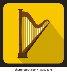 Harp icon in flat style with long shadow. Musical instrument symbol vector illustration