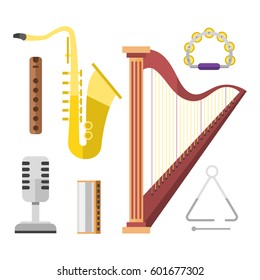 Harp icon golden stringed musical instrument classical orchestra art sound tool and saxophone acoustic symphony stringed fiddle vector illustration.