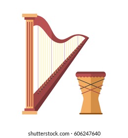 Harp icon golden stringed musical instrument classical orchestra art sound tool and drum acoustic symphony stringed fiddle wooden vector illustration.