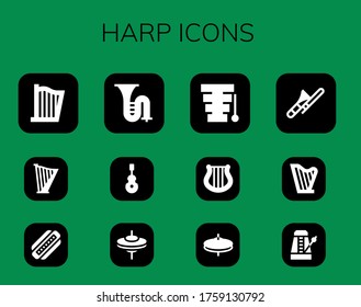 harp icon set. 12 filled harp icons. Included Harp, Harmonica, Trombone, Instrument, Cymbals, Xylophone, Metronome icons