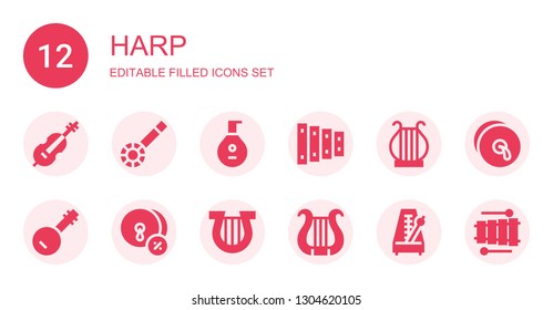 harp icon set. Collection of 12 filled harp icons included Cello, Banjo, Lute, Xylophone, Harp, Cymbals, Lyre, Metronome