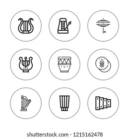 Harp icon set. collection of 9 outline harp icons with cymbals, harp, kettledrum, metronome, lyre, timpani icons. editable icons.