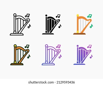 Icono de arpa con línea, contorno, plano, relleno, glifo, color, gradiente. Actrazo editable y píxel perfecto. Se puede usar para productos digitales, presentación, diseño de impresión y más.