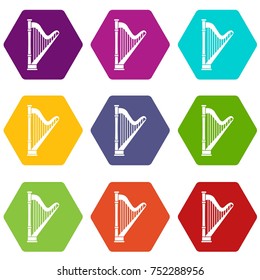 Harp icon set many color hexahedron isolated on white vector illustration