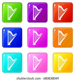 Harp icons of 9 color set isolated vector illustration