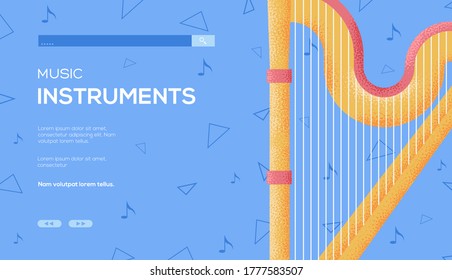 Harp illustration symbol flyer, magazines, poster, book cover, banners. invitation cards concept background. Layout illustration modern slider page.  Grain texture and noise effect.