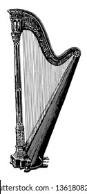 Harp is an instrument having an upright triangular frame consisting of a pillar, vintage line drawing or engraving illustration.