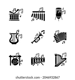 Harp instrument, xylophone, bar chimes, big gong, percussion, accordion and musical notes icon set. Entertainment and music icon. Set of percussion instruments. Editable row set. Silhouette icon set.